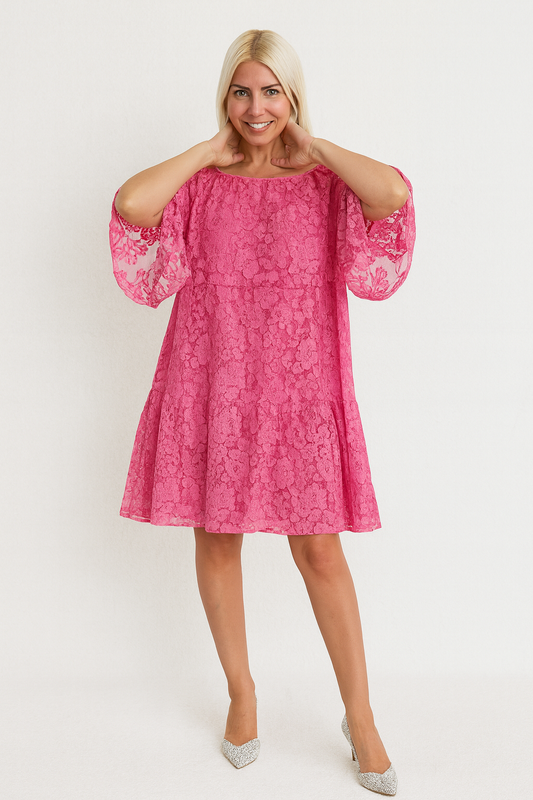 Blusa mujer encaje rosa fucsia con manga corta y transparencias | SEROTONIN