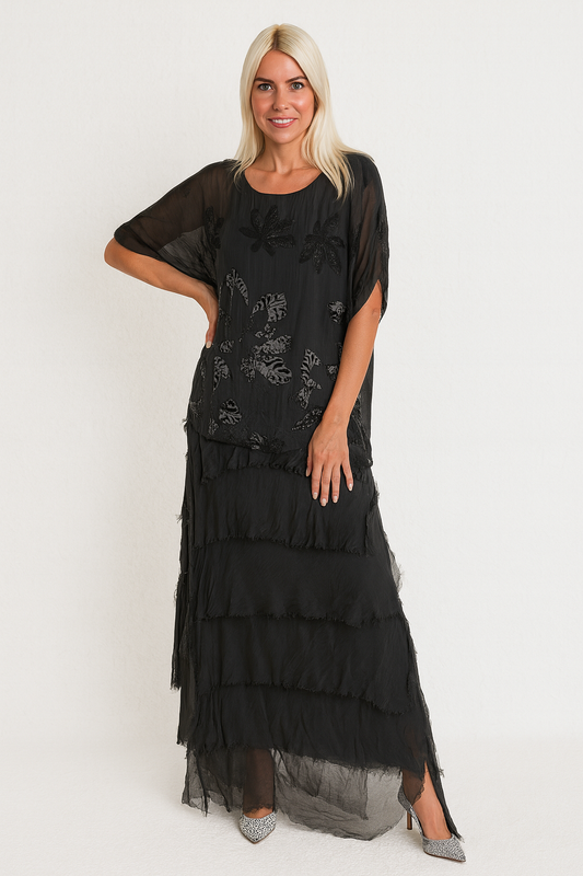 Vestido largo verde mujer con estampado floral y volantes en capas | SEROTONIN