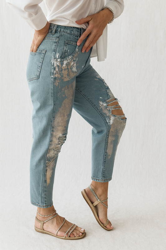 Pantalón mujer vaquero azul turquesa con efecto plateado metalizado | SEROTONIN