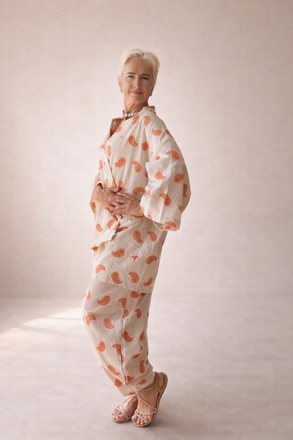 Conjunto mujer lino beige estampado naranja boho cómodo | SEROTONIN