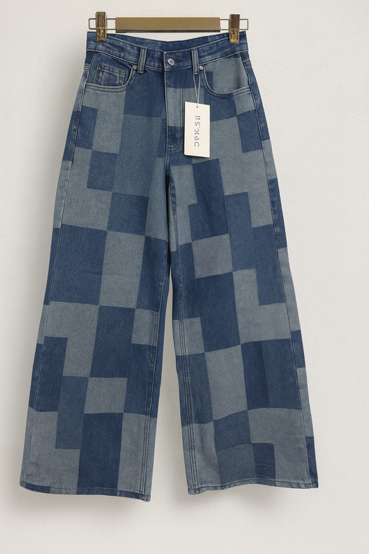Jeans de mujer patchwork denim en tonos azules con corte ancho y tiro alto SEROTONIN Calpe
