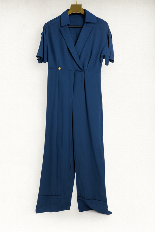 Mono azul marino elegante mujer manga corta solapa pantalón ancho SEROTONIN Calpe
