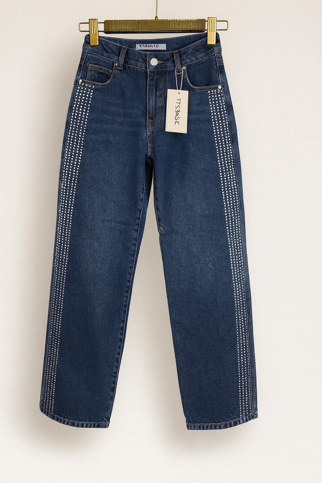 Pantalón de mujer vaquero azul recto con strass brillantes en laterales SEROTONIN Calpe