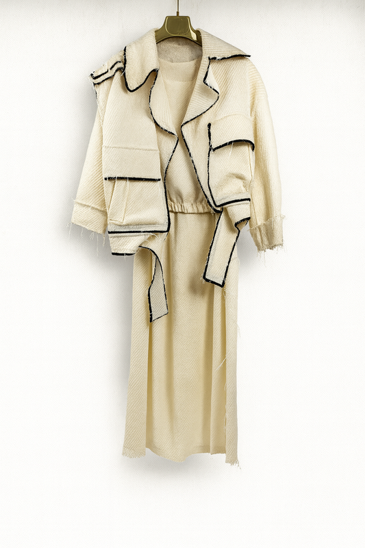 Conjunto triple mujer beige SEROTONIN con pantalón, camiseta y chaqueta elegante Calpe