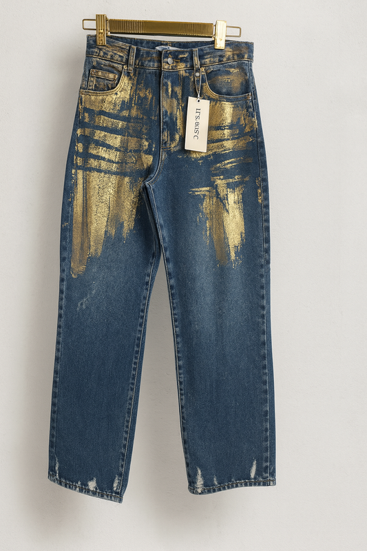 Jeans de mujer azul denim con brochazos dorados metálicos y bajo deshilachado SEROTONIN Calpe