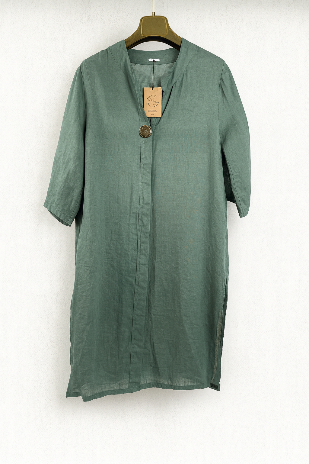 Vestido camisero de lino verde mujer SEROTONIN con detalle metálico en Calpe