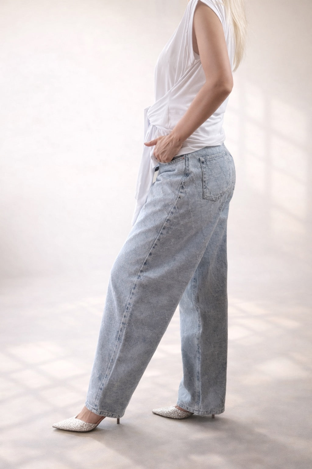 Pantalón mujer vaquero recto azul claro lavado efecto ácido | SEROTONIN