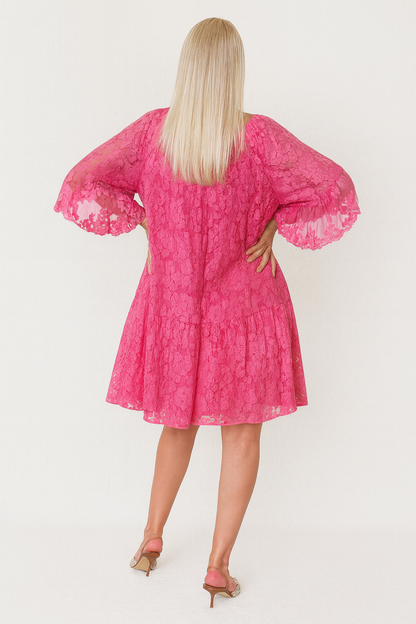 Blusa mujer encaje rosa fucsia con manga corta y transparencias | SEROTONIN