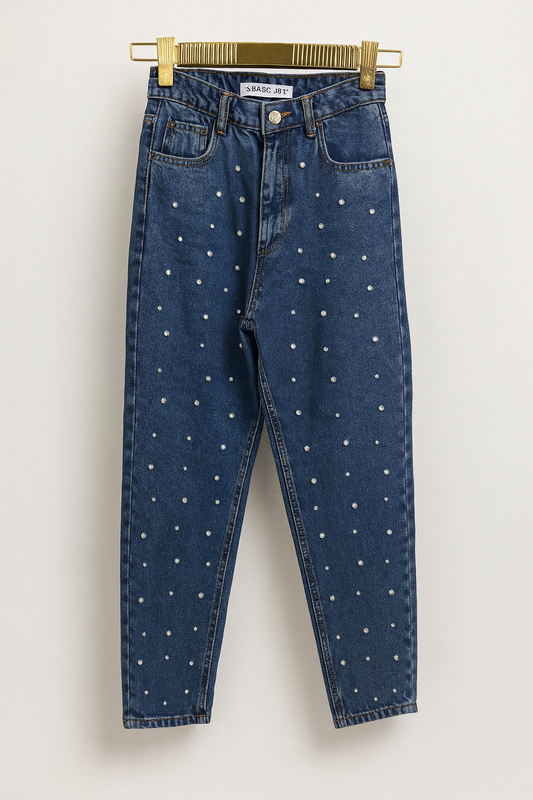 Jeans de mujer azul denim con perlas decorativas en la parte delantera SEROTONIN Calpe
