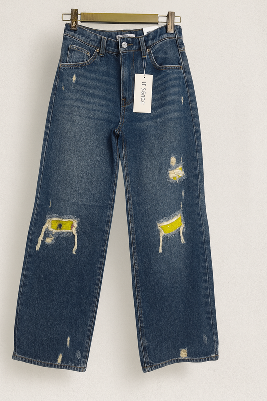 Jeans de mujer azules rectos con tiro alto, rasgados y parches amarillos SEROTONIN Calpe