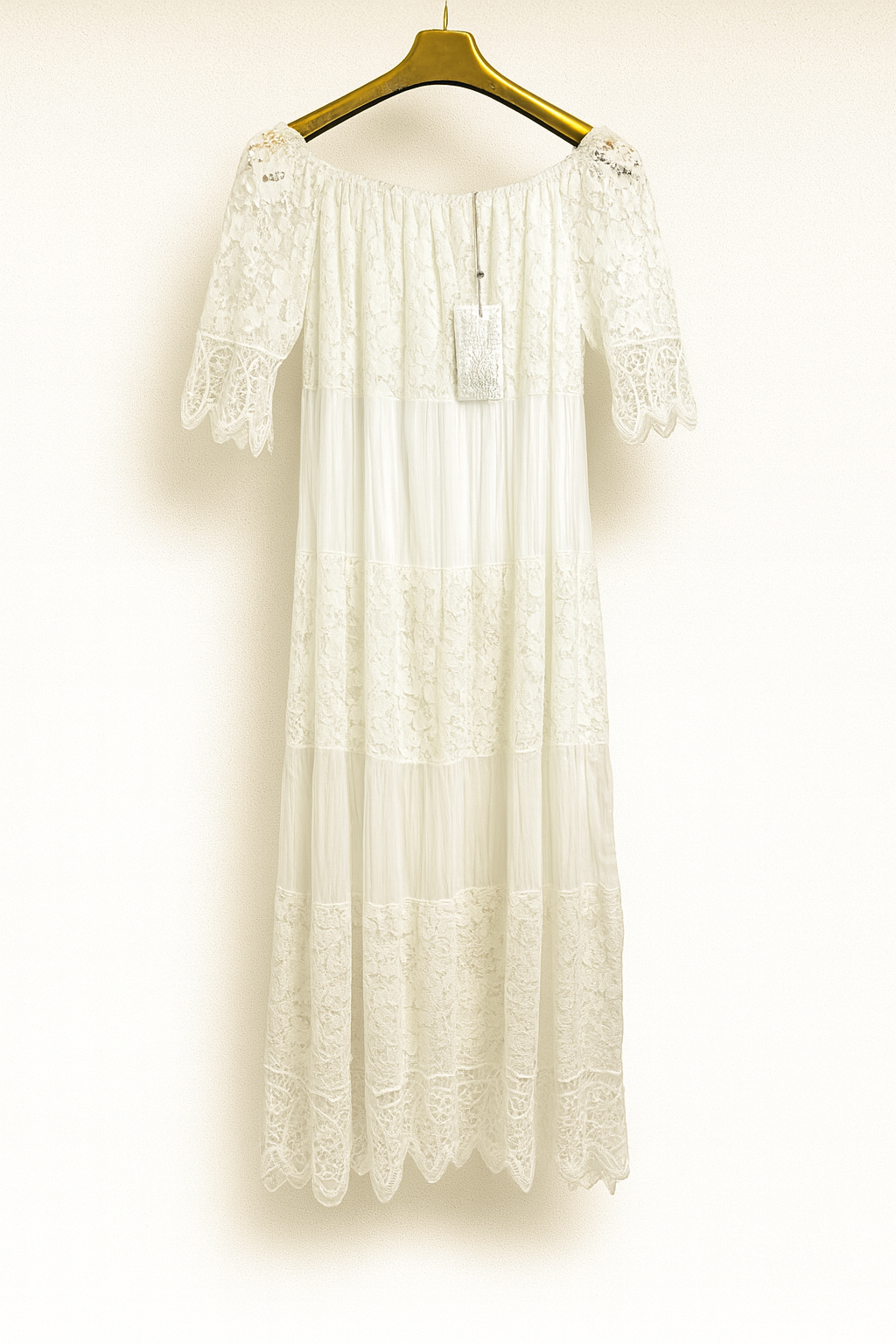 Vestido largo mujer blanco encaje con mangas cortas abullonadas estilo bohemio SEROTONIN Calpe