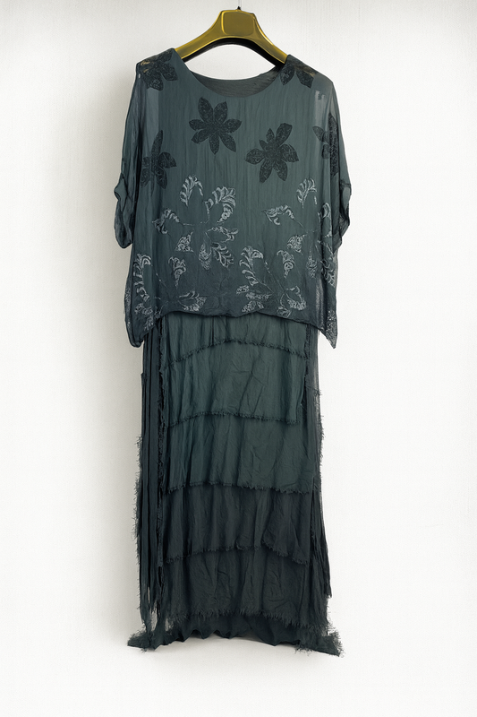 Vestido largo verde mujer con estampado floral y volantes SEROTONIN Calpe