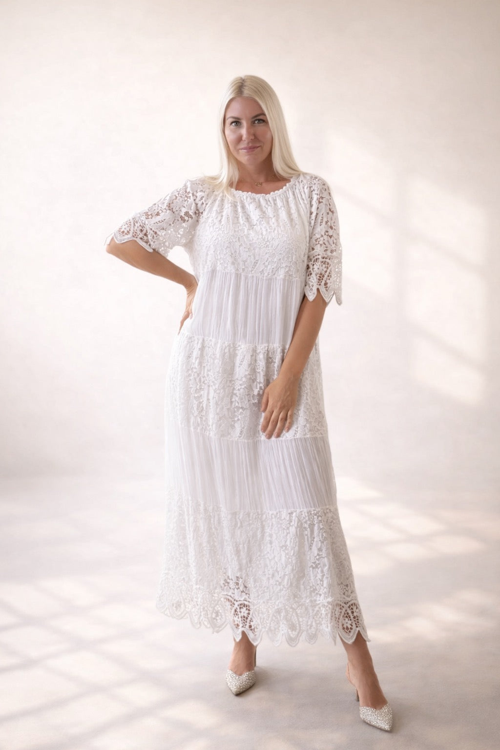 Vestido largo mujer blanco encaje con mangas cortas bohemio | SEROTONIN