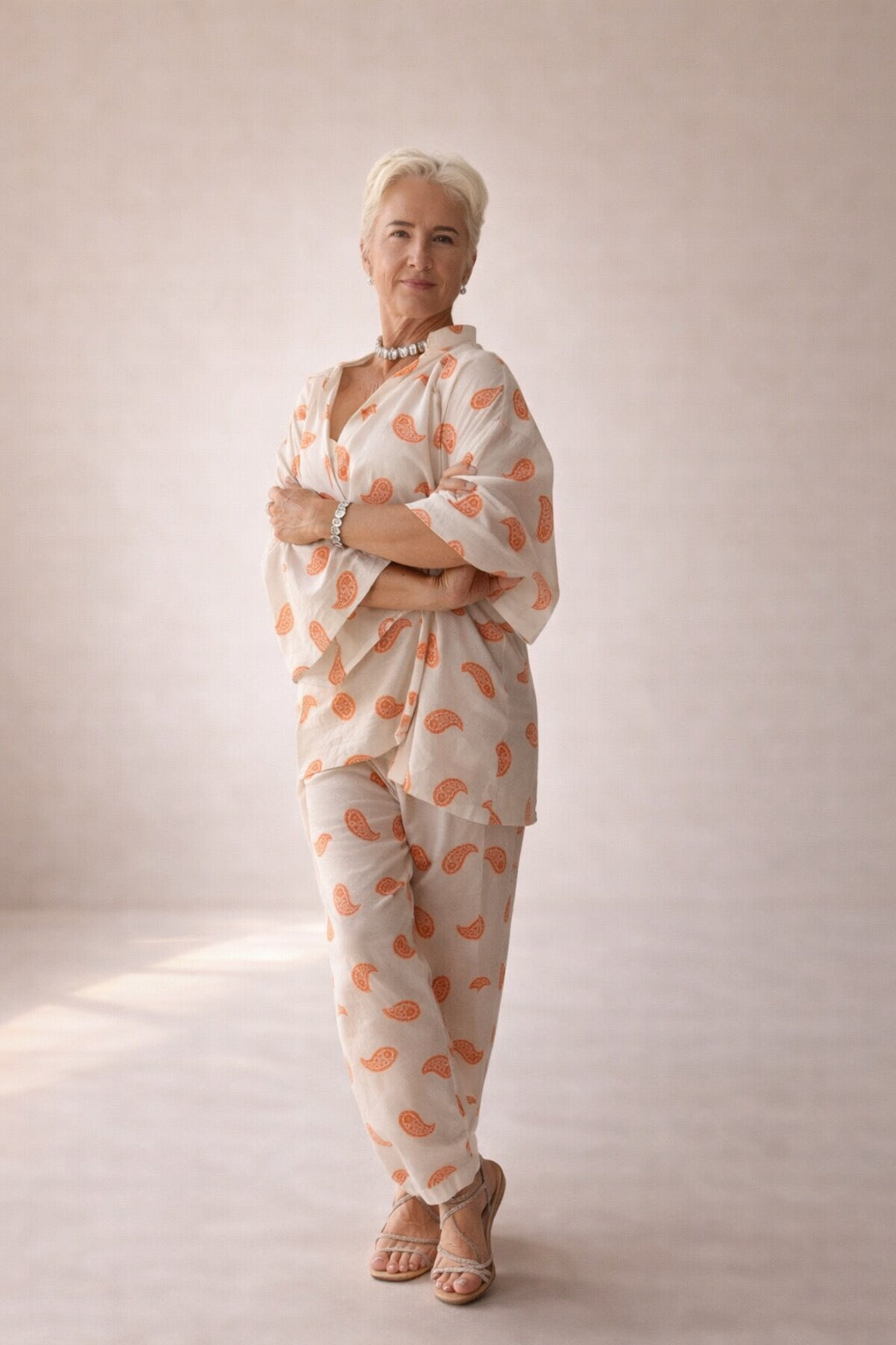 Conjunto mujer lino beige estampado naranja boho cómodo | SEROTONIN