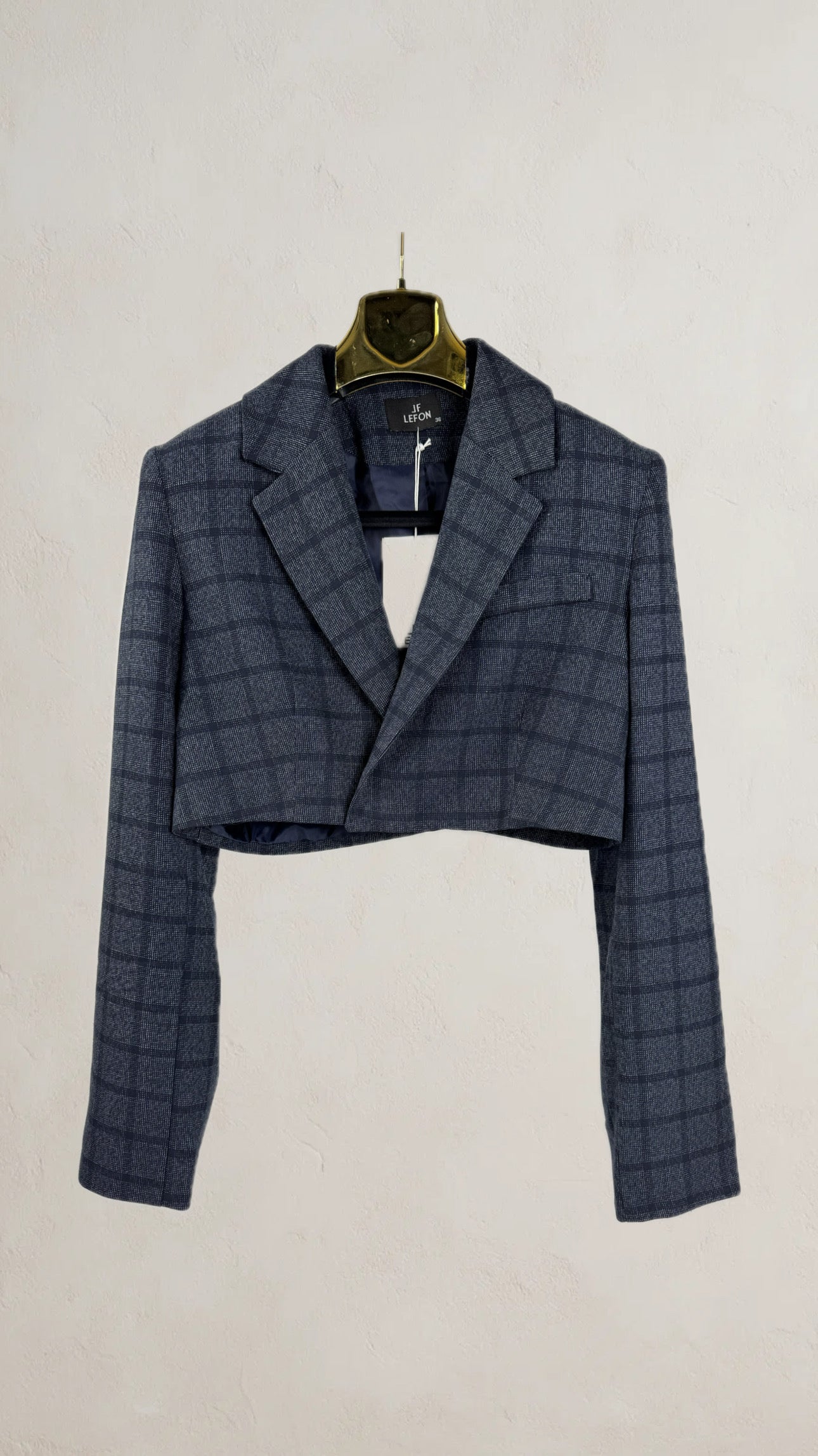 Blazer corto mujer Príncipe de Gales en azul grisáceo con solapas clásicas SEROTONIN Calpe