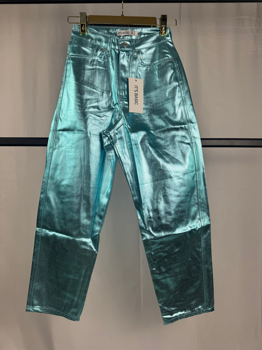 Pantalón de mujer metálico azul turquesa tiro alto recto con efecto brillo SEROTONIN Calpe
