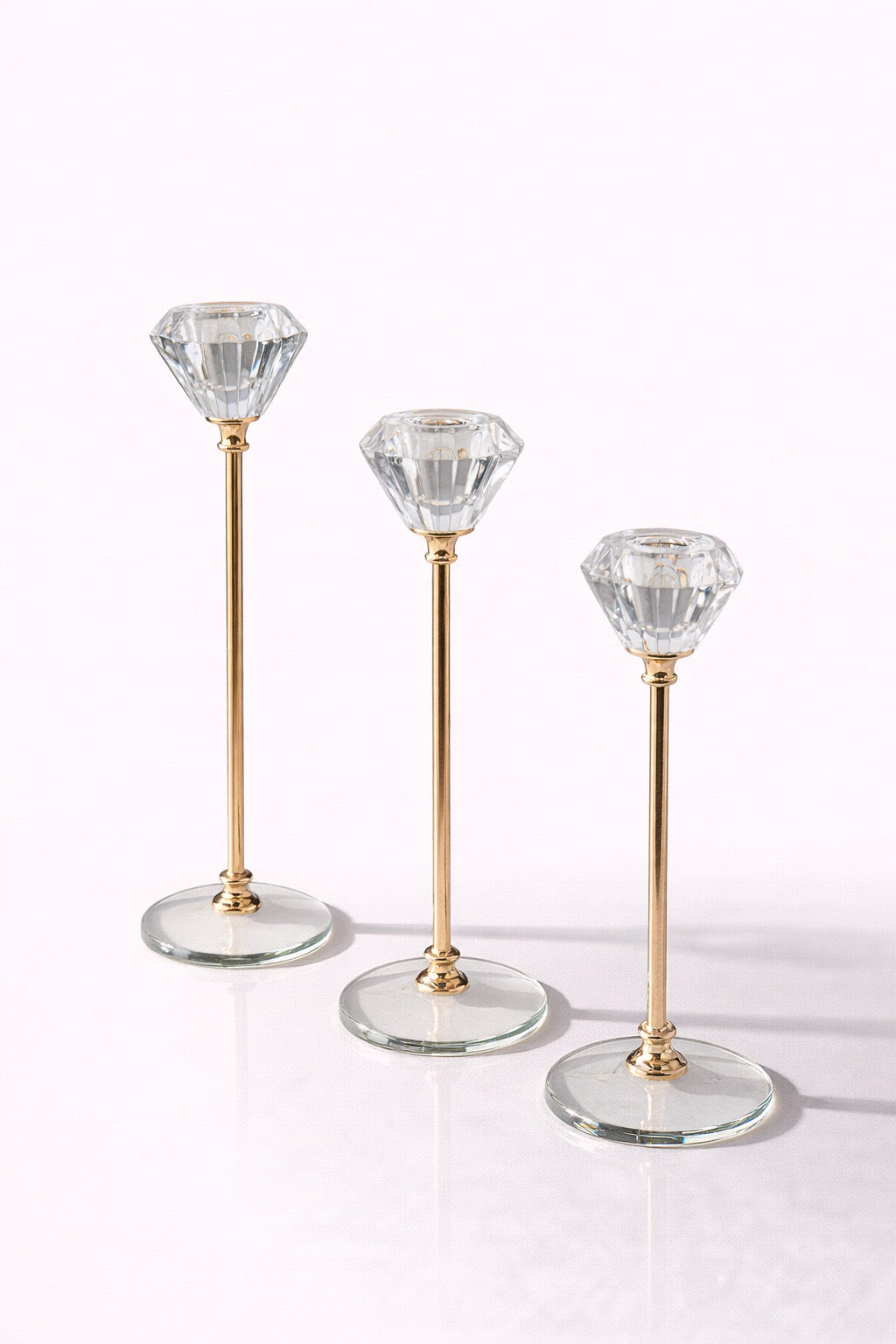 Set de 3 Portavelas de Cristal Transparente – Estilo Diamante