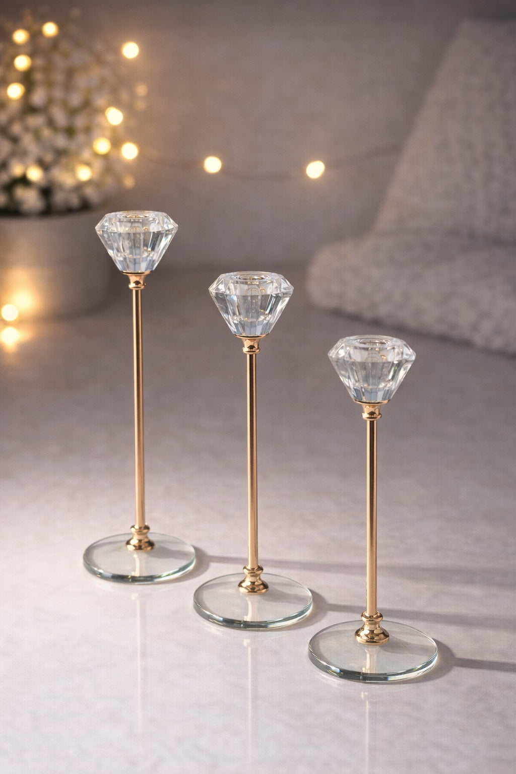 Set de 3 Portavelas de Cristal Transparente – Estilo Diamante