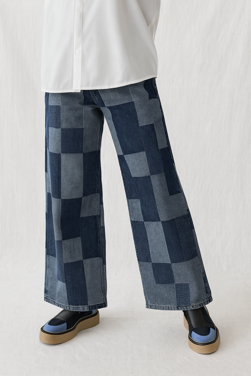 Jeans mujer patchwork denim ancho de tiro alto | SEROTONIN