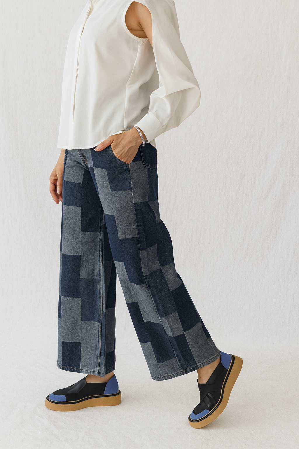 Jeans mujer patchwork denim ancho de tiro alto | SEROTONIN