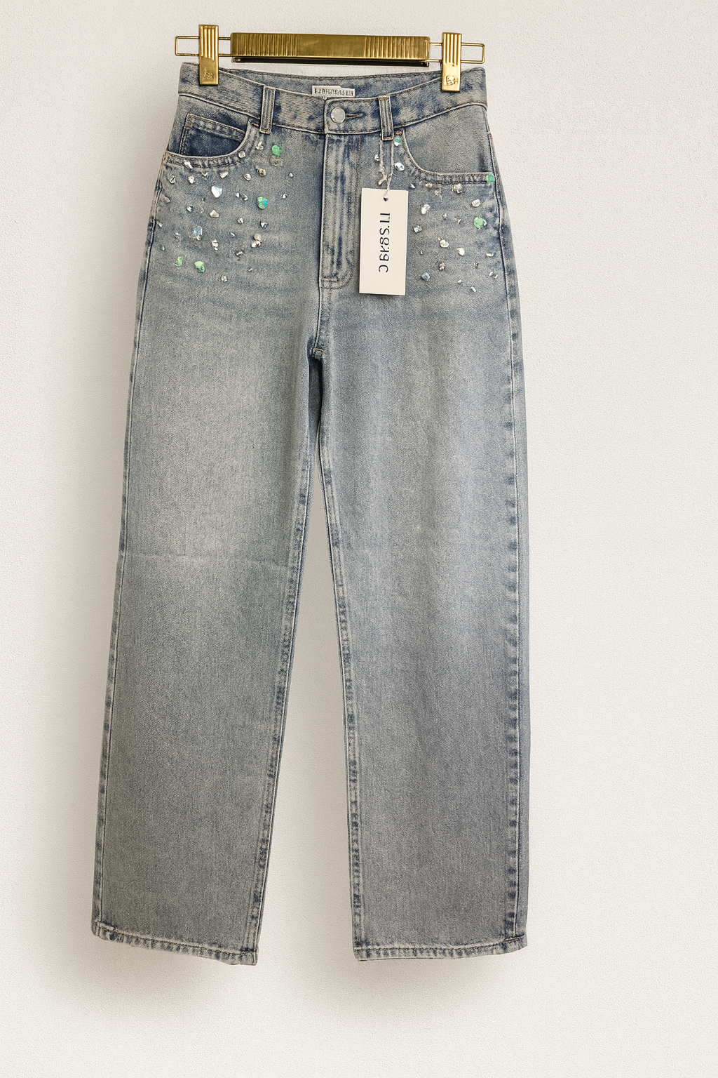 Pantalón de mujer vaquero gris tiro alto recto con lentejuelas y pedrería brillante SEROTONIN Calpe