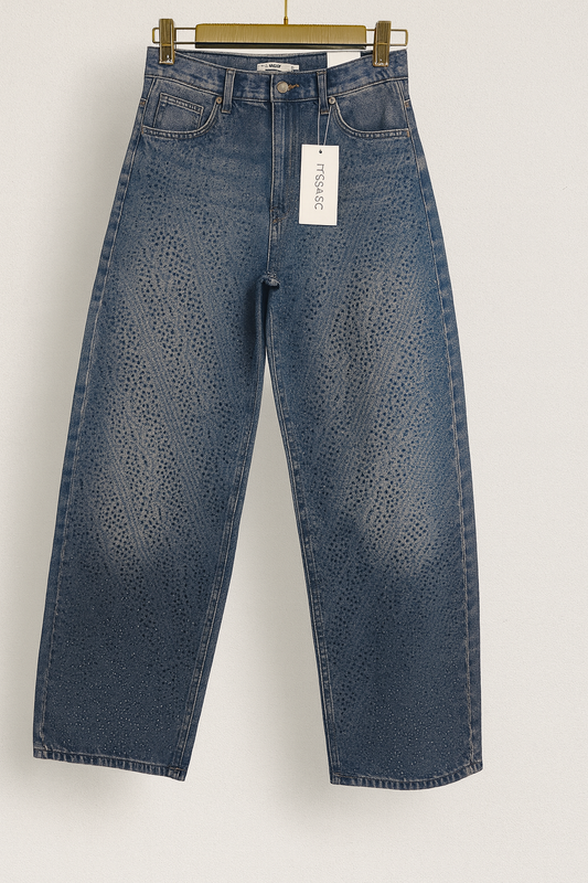 Pantalón de mujer vaquero azul tiro alto recto con pedrería brillante SEROTONIN Calpe
